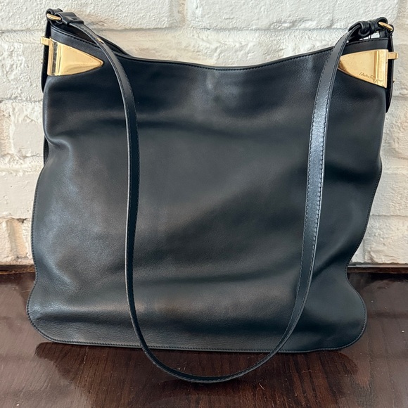 Salvatore Ferragamo Black Leather Shoulder Bag with Gold Accents